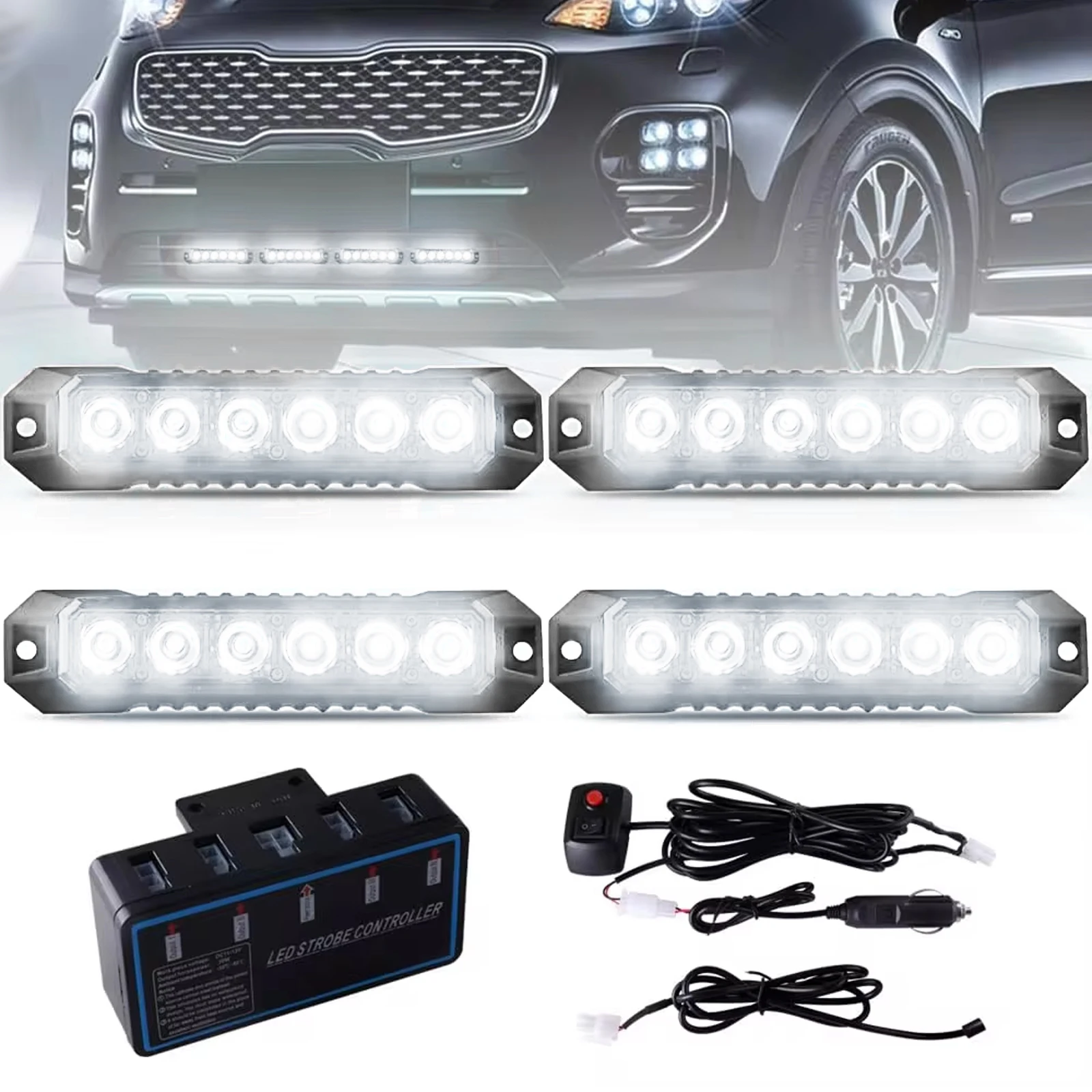 

1set 4pcs 6Led with host Strobe Warning Light Strobe Grille Flashing Lightbar Truck Car Beacon Lamp Traffic Light 12V Car Light