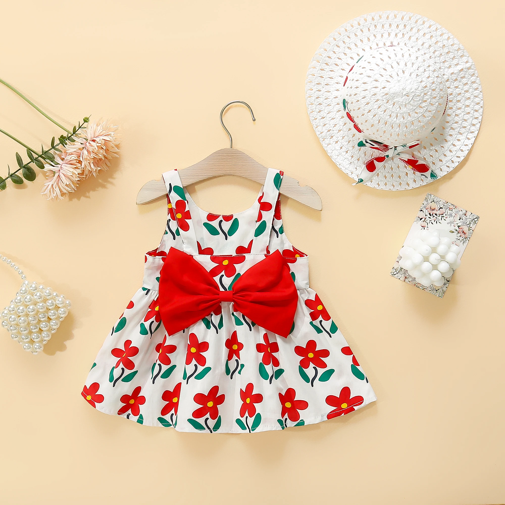 

Summer Baby Girl Dress Bow Flower Print Sleeveless Cotton Dress Girl Beach Play Clothing Sent Hat