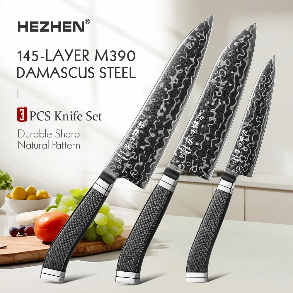 HEZHEN Ultimate Series 1-teiliges oder 3-teiliges Messerset 145-Lagen M390 Kern-Damaststahl Kohlefaser-Griff DLC-beschichtete Kochklinge Santoku-Messer