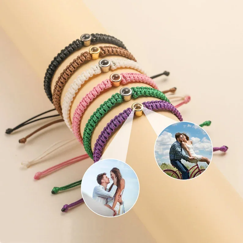 Custom Photo Projection Braided Bracelet Personalized Picture Inside Handmade Adjustable Rope Bracelet Couple Gift