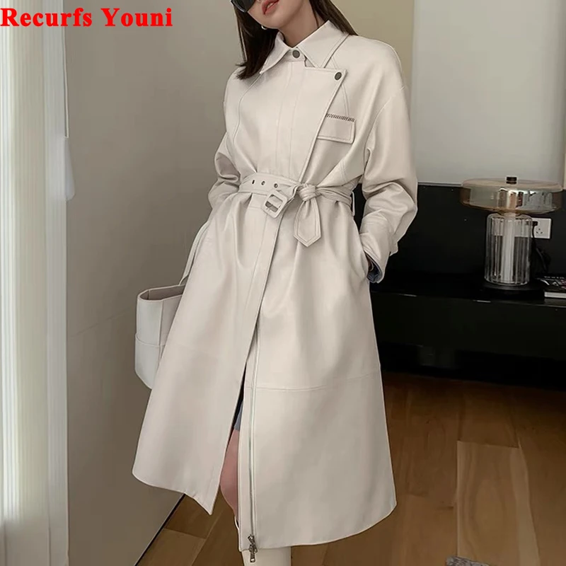 White Leather Trench Coat Women 2024 Autumn/Winter New Versatile Waist Belt Slimming  Long Windbreaker Feminino Warm Mantel