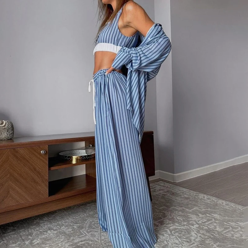 Ticketsx Striped Pants 3 Piece Women's Long Sleeve Button Shirt Sling Vest Top Wide-Legged Pants Set Lady Casual Loose Pants Set