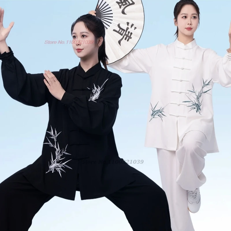 

2025 китайская винтажная одежда для кунг-фу, тай-чи, боевые искусства, тайцзицюань, ушу, тренировочные упражнения, бамбуковые топы с вышивкой + брюки, комплект