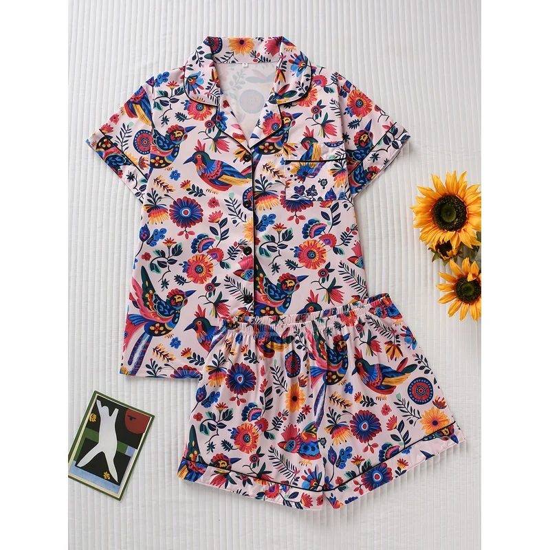 Women's Tropical Flower Print Pajama Set Short Sleeve Button Down Top Shorts Casual Sleepwear Loungewear Summer Home Wear