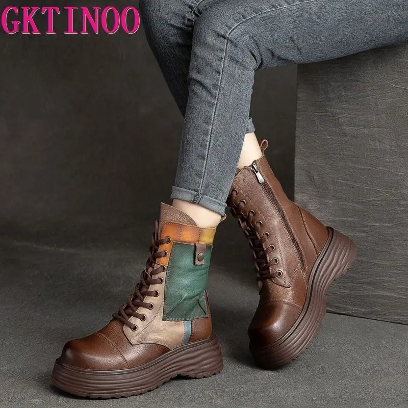 GKTINOO Handmade Boots Women Genuine Leather Round Toe Lace-up Zipper Platform Thick-soled Mid-calf Boots Retro Zapatos Mujer