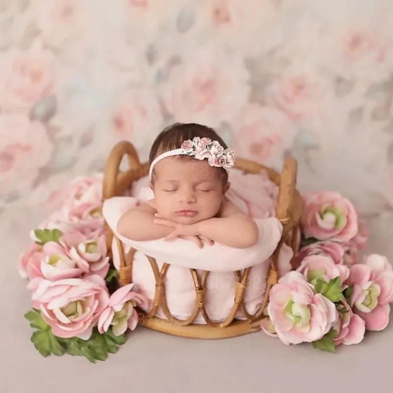 Newborn Photography Props Baby Bed Retro Rattan Round Basket Chair Bebe Photo Accesor Recien Baby Girl Boy Posing Bed Background