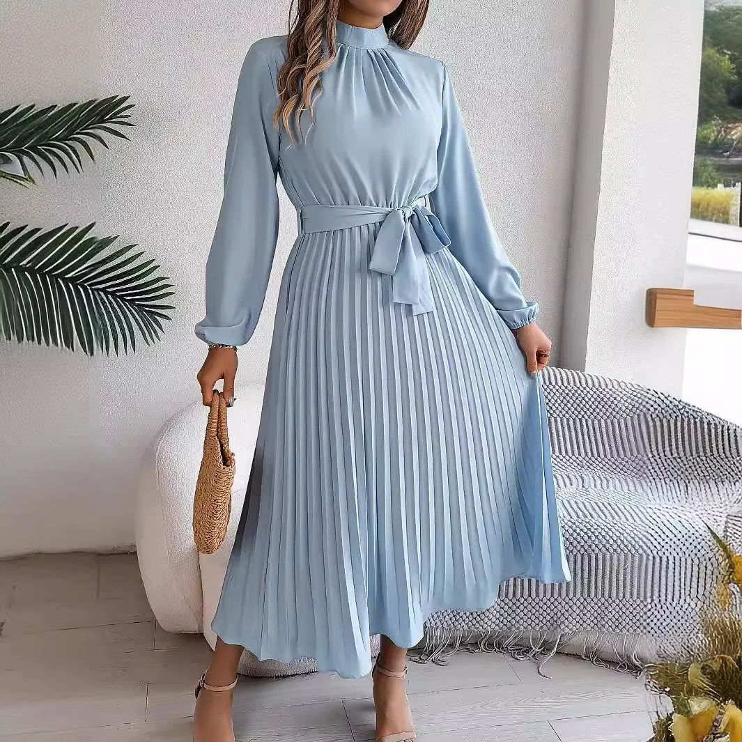 Office Lady Pure Color Lace-Up Big Swing Maxi Dresses 2024 Autumn Winter Elegant Standing Collar Long Sleeved Pleated Dress Robe