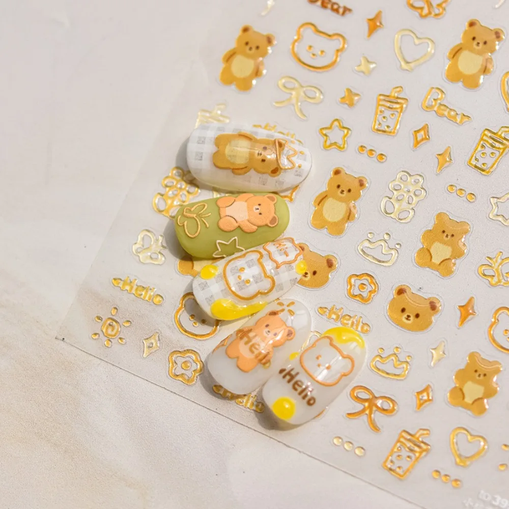 Bowknot Jelly Bear Nail Stickers Flower Pattern Brown Bear Jelly Cartoon Nail Decals Nail Supplies 5D Embossed Stickers