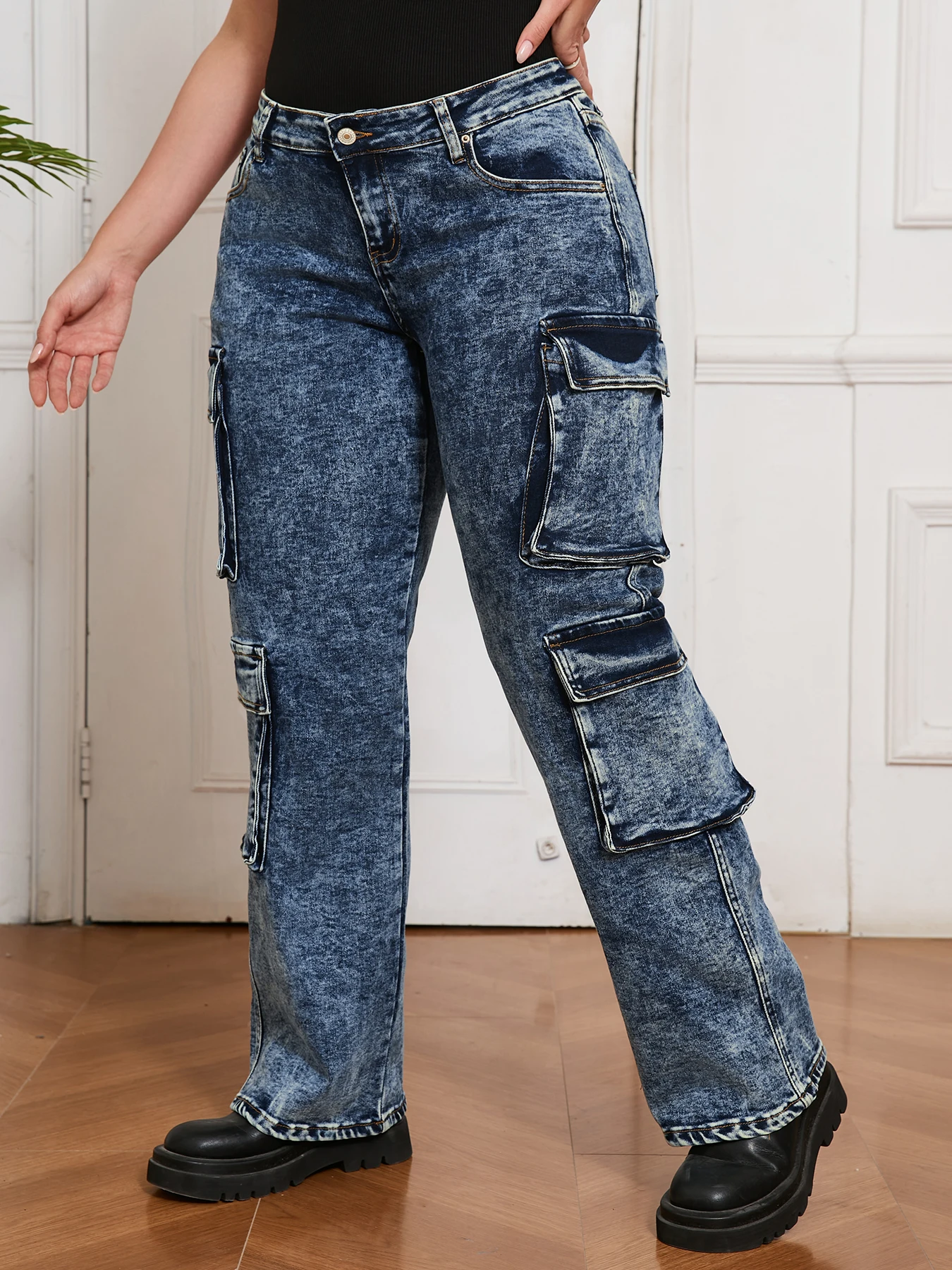 여성용 하이 스트리트 카고 팬츠 데님 진 패션 루즈 스트레이트 레그 데님 의류