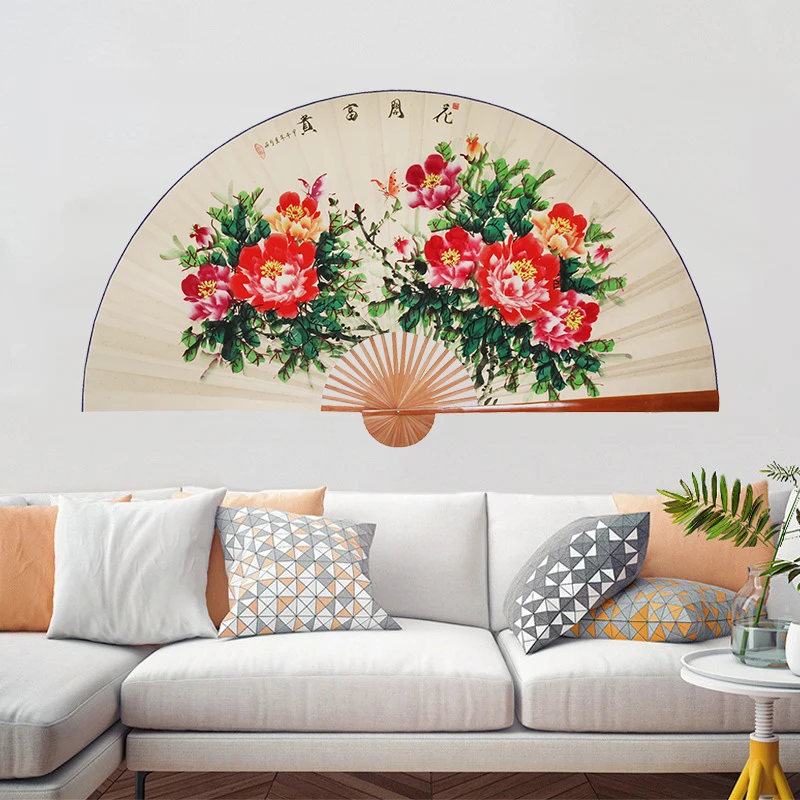 Large Folding Paper Fan Chinese Style Crafts Banboo Frame Background Decorative Fan Hanging  Antique Peony