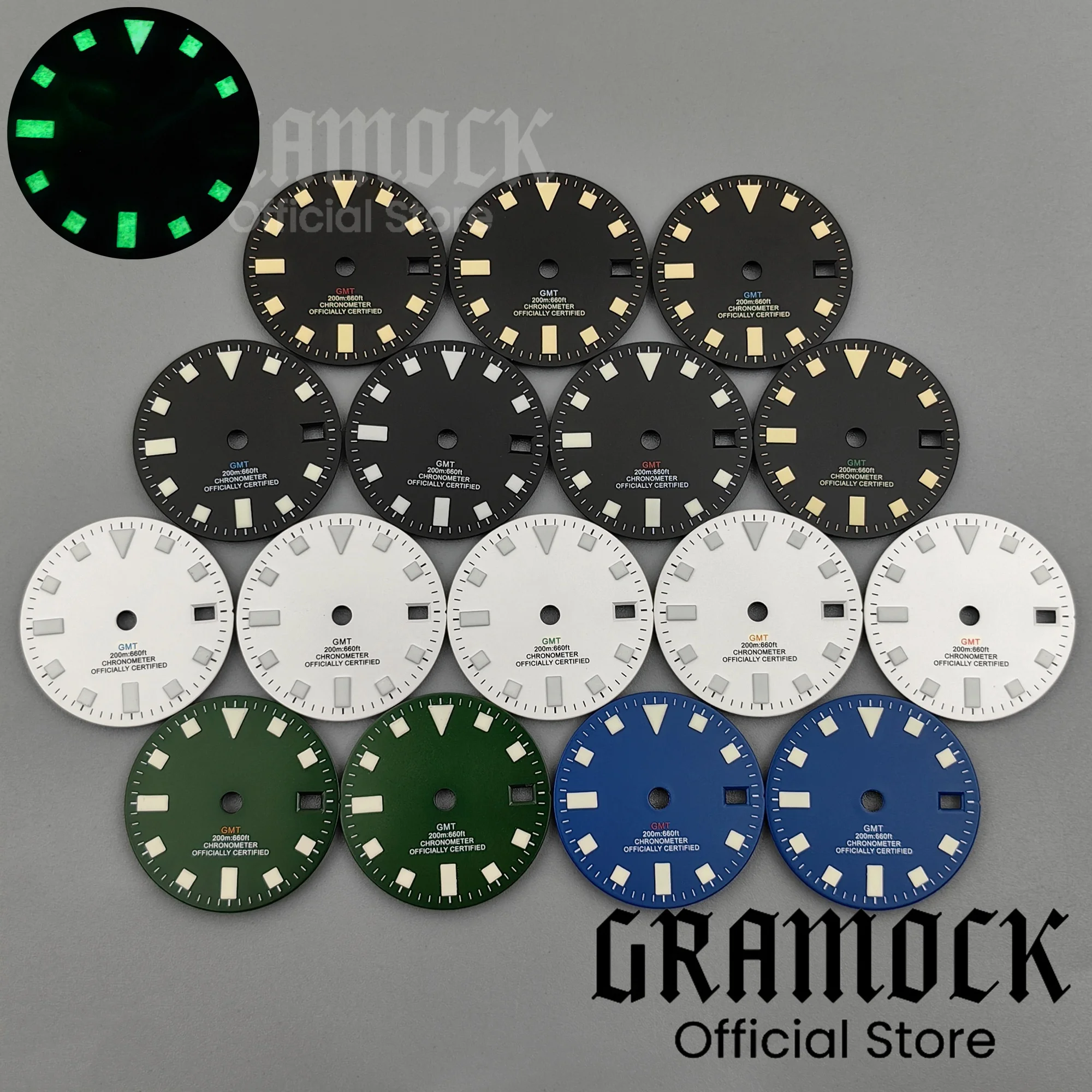 Gramock 29mm GMT Pelagos Retro Watch Dials Luminous Raise Marks Calendar For NH34 Automatic Movement Watch Accessories Mod Part