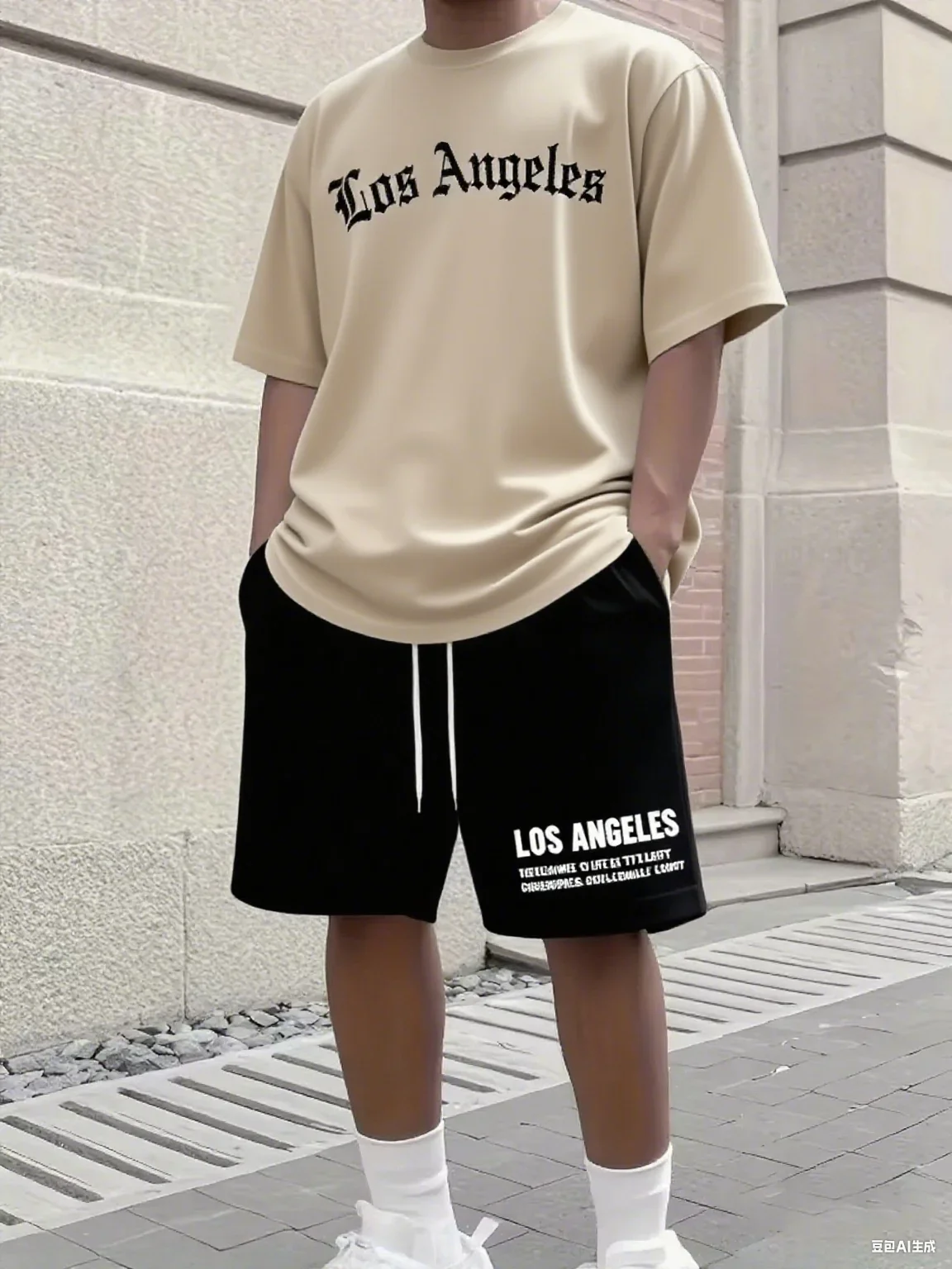 Kaus dan Celana Pendek Kasual Longgar Ukuran Besar Motif Huruf Los Angeles Fashion Katun 100 Musim Panas Pria Set Dua Potong