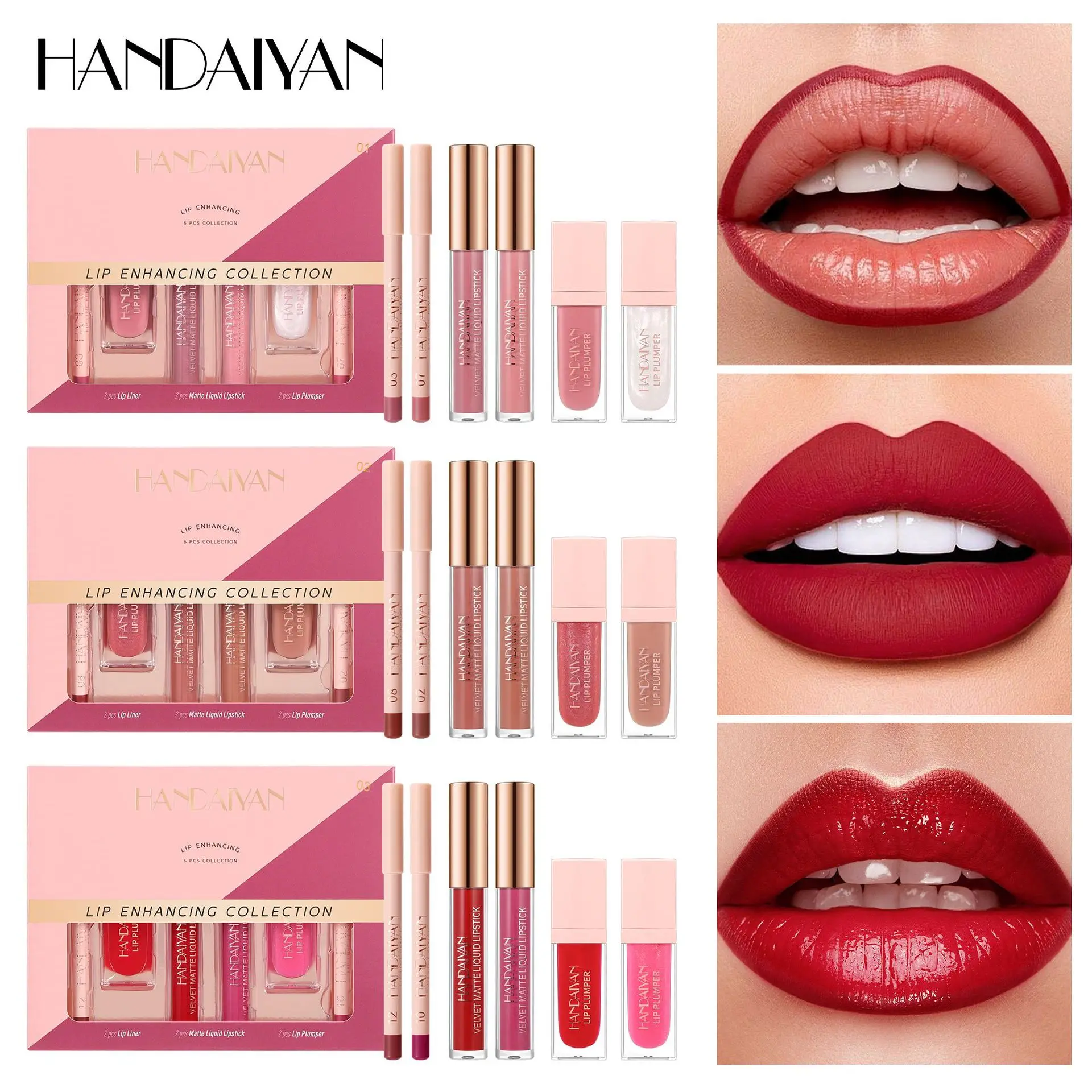 Colección de kit de labios de 6 piezas: tinte de labios mate de larga duración, brillo de labios hidratante y delineador de labios definidor, a prueba de manchas e hidratante