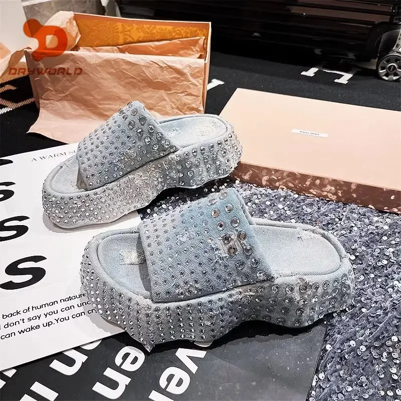2024 Women Ripped Denim Rhinestone Platform Muffin Open Toe Sandals Special-Interest Design Wave Bottom Slippers