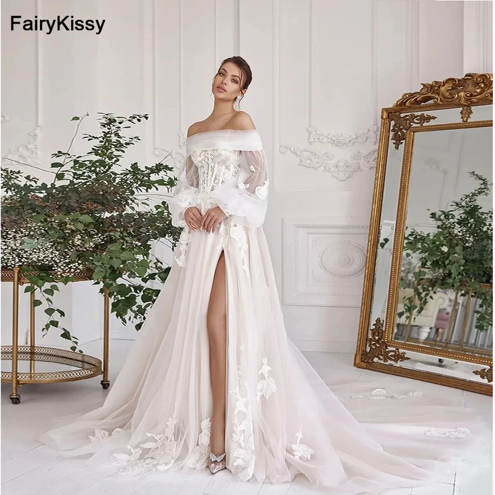 FairyKissy-exquisitos sin tirantes Vestidos de novia, trajes de novia con abertura lateral, sin mangas, con apliques de encaje, de lujo, 2024