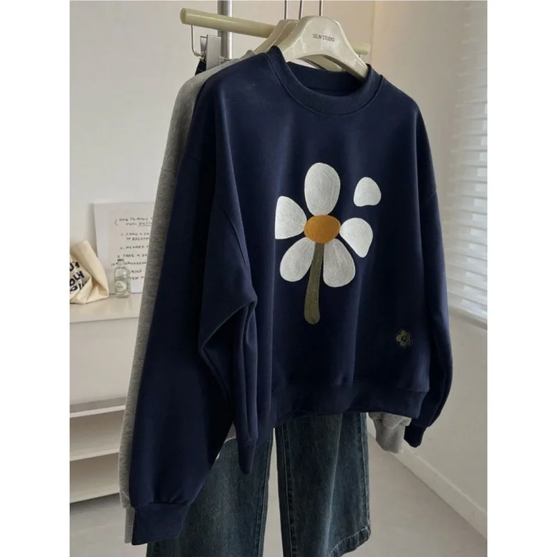 

2025 женский новый сшитый пуловер с круглым вырезом и принтом, свободный модный свитер, универсальный топ с длинными рукавами