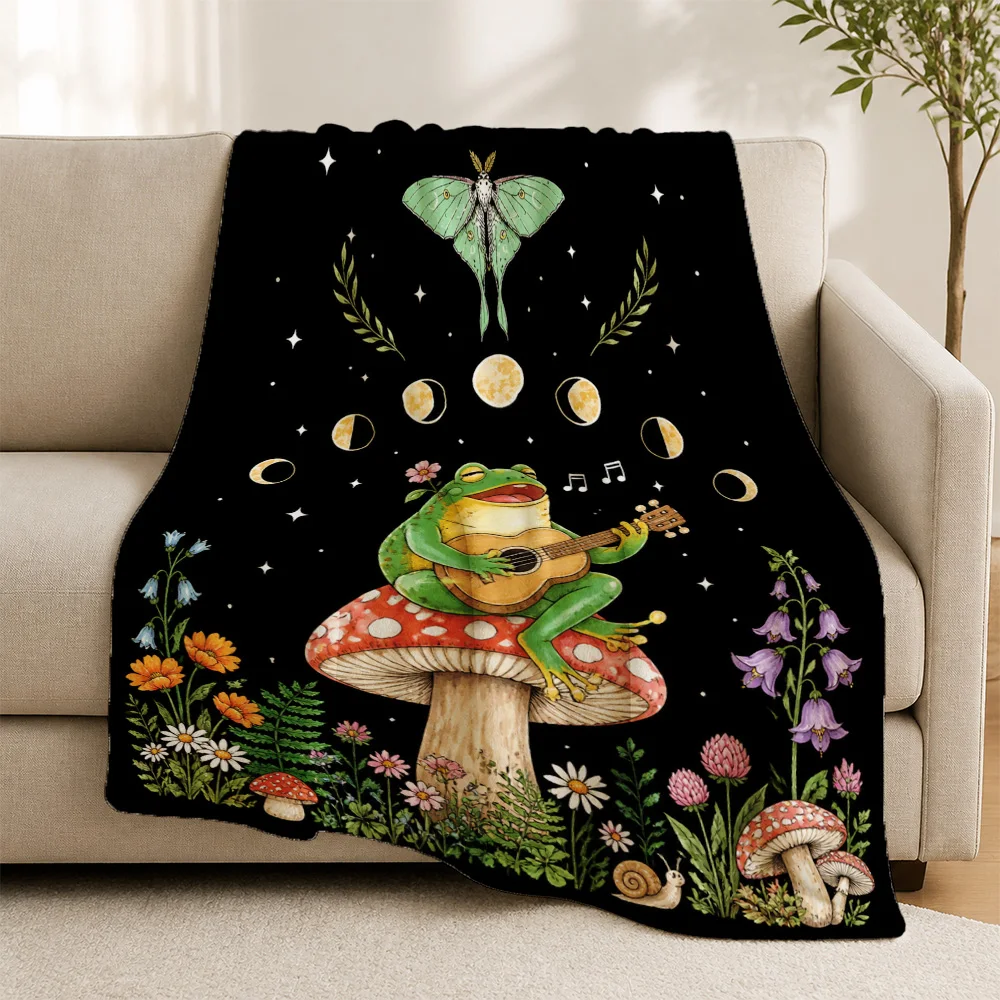 Whimsical Cottagecore Mushroom Blanket Throw Sofa Decor Woodland Frog Butterfly Fairy Garden Print Cozy Autumn Bohemian Gift