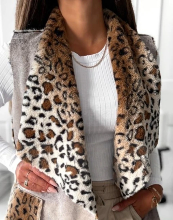 Reversible Leopard Pattern Fuzzy Fleece Lined Vest Lapel Sleeveless Casual Coat with Pockets