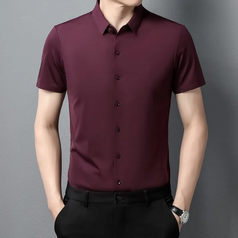 High End Ice Silk Shirts Men Short Sleeve Business Wrinkle Shirt Single Breasted Elastic Tops Luxurious Wedding Clothes 2pcs/Set