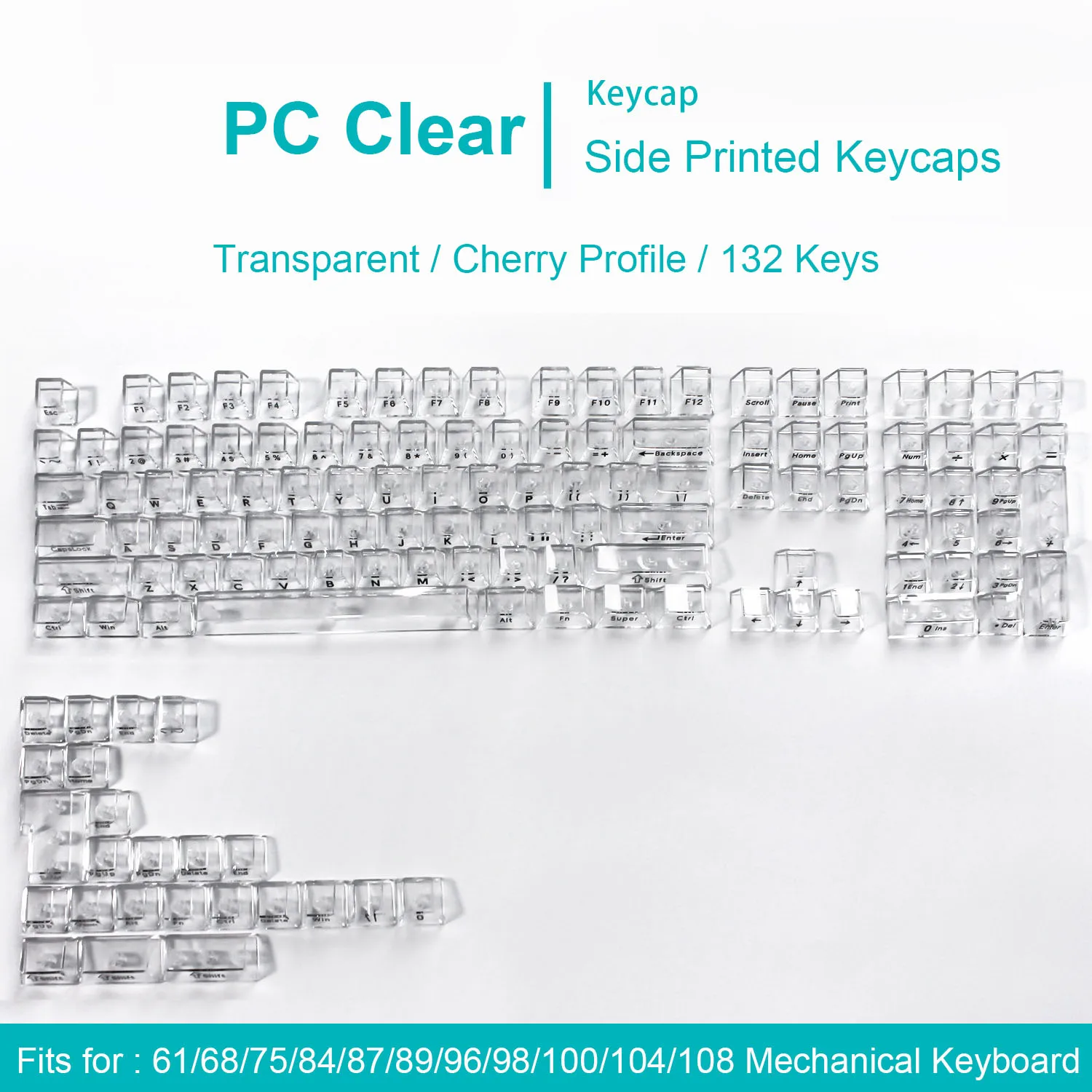 132 Keys Full Transparent Side Print Keycaps PC Keycaps Cherry Profile White UV Printing Crystal Keycap for MX Switches Keyboard view 2