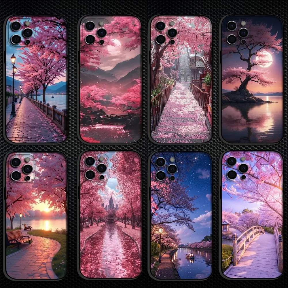 Cherry Blossom Tree  Phone Case For iPhone 16,15,14,13,12,11 Plus,Pro Max, Soft Silicone Black Cover