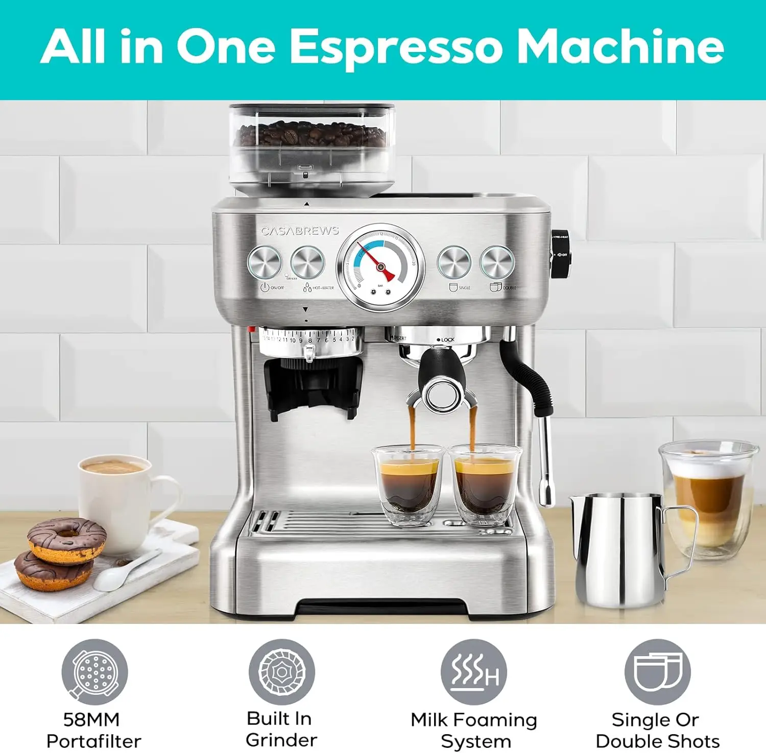 Espresso Machine With Grinder, Professional Maker With Milk Frother Steam Wand, Barista Latte Machine With Removable Water Tank