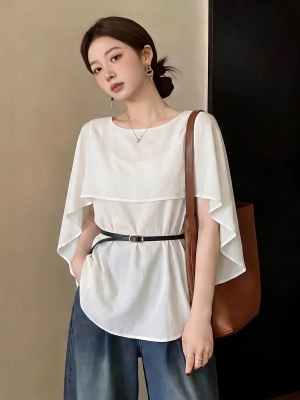 

Elegant Shoulder Length Short Sleeve Women's Shirt Kimono Style Waist Cinched Top plus Size Fashion Korean Style Commute