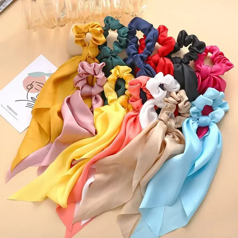 1Pc Solid BowKnot Hair Ties Scrunchies Women Girls Elastic Hair Bands Long Headwear Ribbon Bow Ponytail Hair Accessories Braids