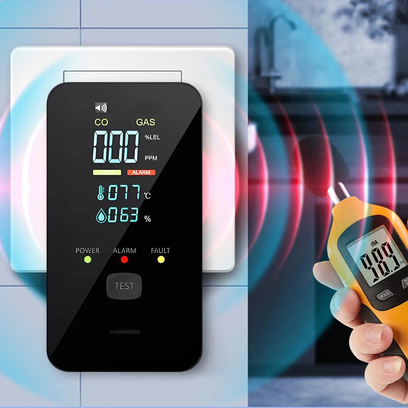 4-in-1 CO and Natural Gas Detector,Combustible Gas CH4 Carbon Monoxide Alarm,Temperature Humidity Monitor for Home Kitchen Hotel
