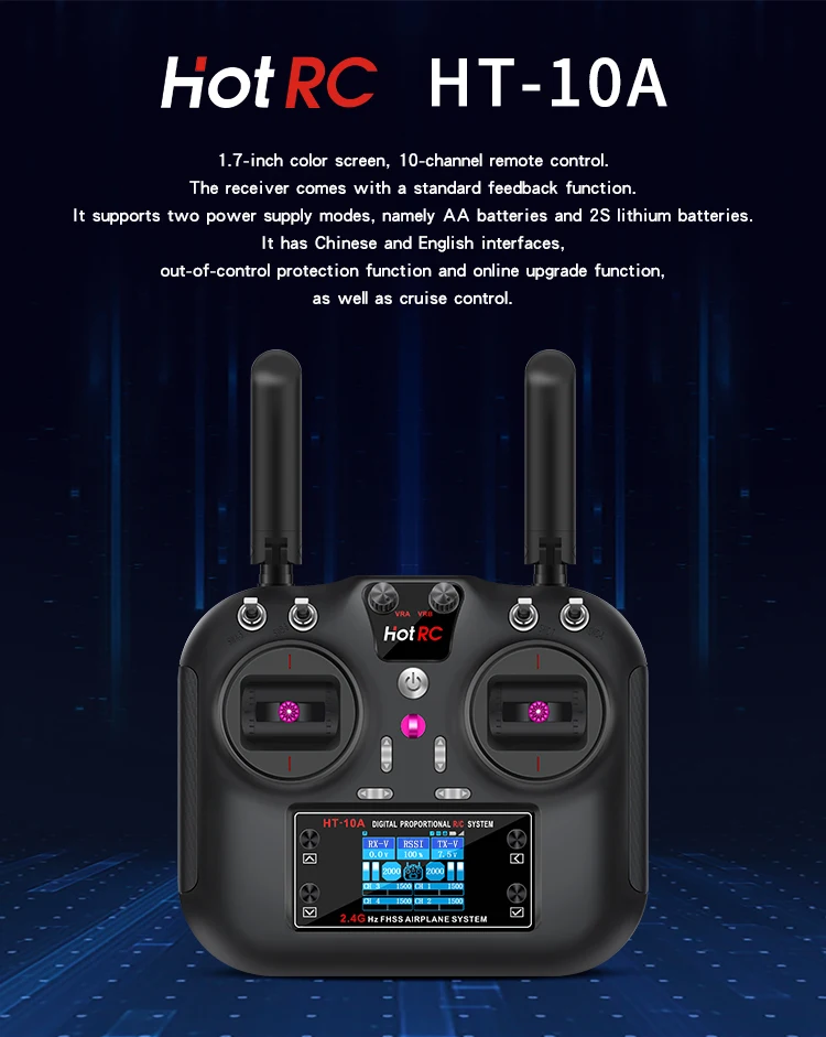 Nadajnik HotRC HT-10A HT10A 2.4G 10-kanałowy z regulacją przepustnicy dla leworęcznych i praworęcznych użytkowników, zdalne sterowanie, odbiornik F10A do samolotów RC, dronów, samochodów.