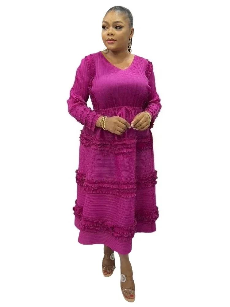 Vestido plisado elegante para mujer, cuello redondo, manga larga Floral 3D, diseño empalmado de hongos, vestidos acampanados, moda de fiesta, nuevo 2025