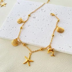 1pc 304 Stainless Steel Link Cable Chain Anklet Animal Dolphin Starfish Anklet Gold Color Marine For Women Beach 21cm Long