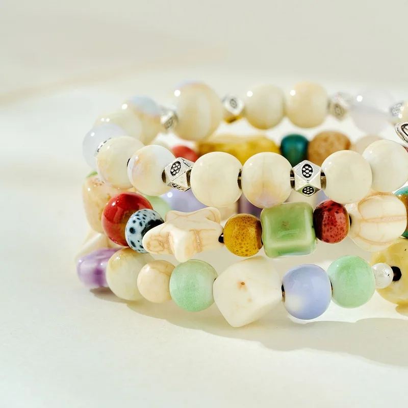 Cute Cartoon Bear Ceramic Beads Stretch Bracelet Multi-Color Mixed Beads Wrist Jewelry Daily Party Jewelry Gift for Women