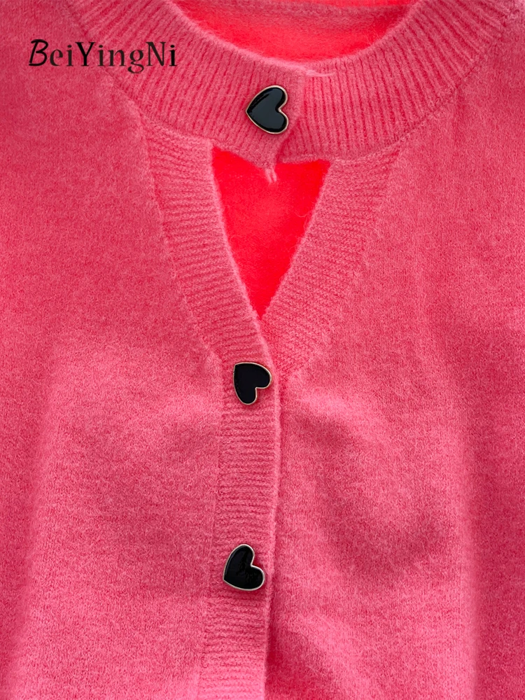 베이잉니 핫스위트 여성용 가디건 시니어 클래시 O넥 싱글 브레스티드 니트웨어 스웨터 여성용 플레인 핑크 그린 탑 아우터웨어