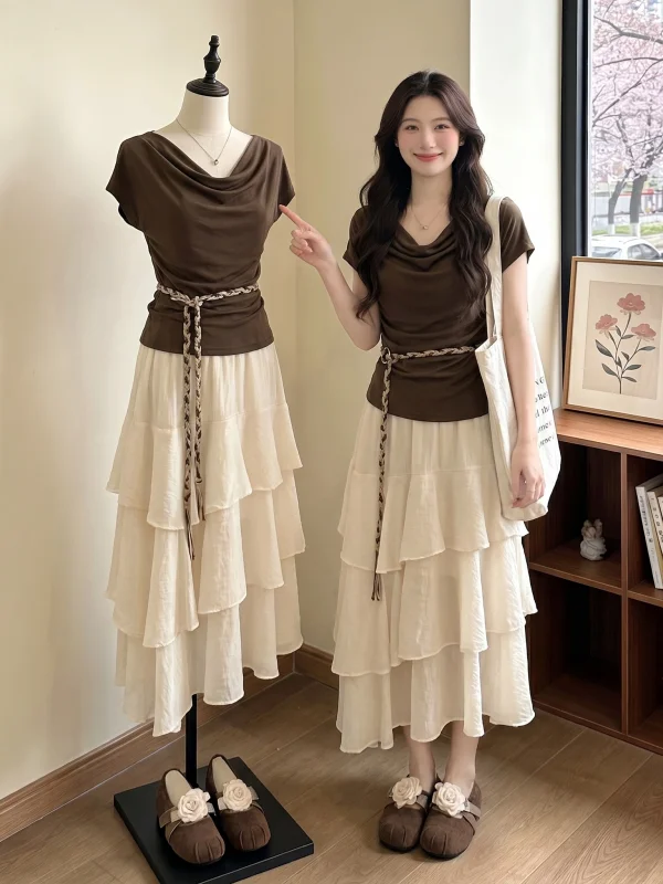 

plus Size Women's Summer Fashion Set Vintage Coffee Color Blouse And Cake Skirt Two Piece Suit Regular Length Tshirt Loose Fit