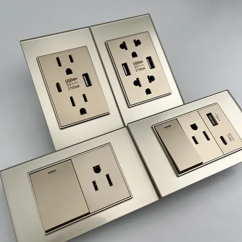 American Standard Dual Wall Usb Plug Socket,Household Mexico US Tempered Glass light Switch outlet Adapter Type-c Fast Charging