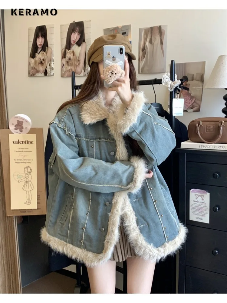 

Зимнее корейское женское модное однобортное свободное пальто 202, повседневное мешковатое лоскутное джинсовое пальто Y2K с отложным воротником в стиле ретро