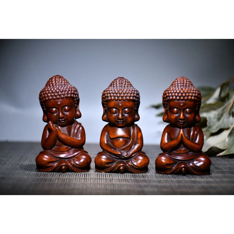 

2.8" Chinese Box-wood Hand Engraving Lovable Buddhism Small Buddha Statue Set Craft Gift Decoration Home Decore