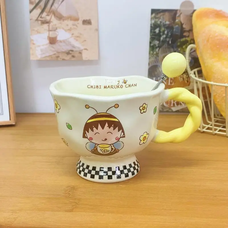 Chibi Maruko-Chan Cartoon Mug Good-Looking Ceramic Cup Household Drinking Cup Coffee Cup Souvenir Spoon Holiday Gift for Girls