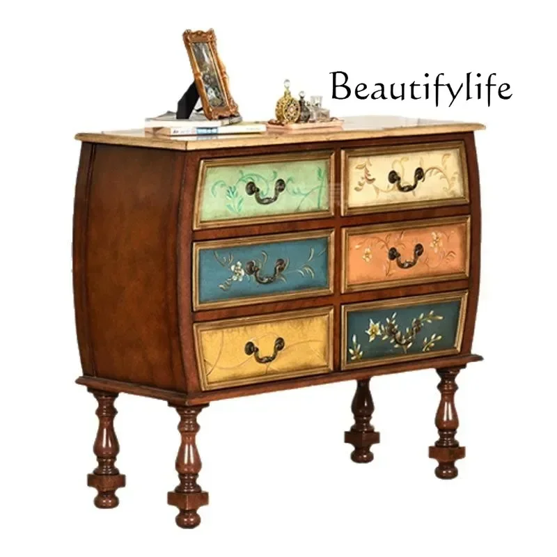 

11American rural solid wood dining side cabinet pastoral painted storage six-bucket cabinet home sofa partition side cabinet