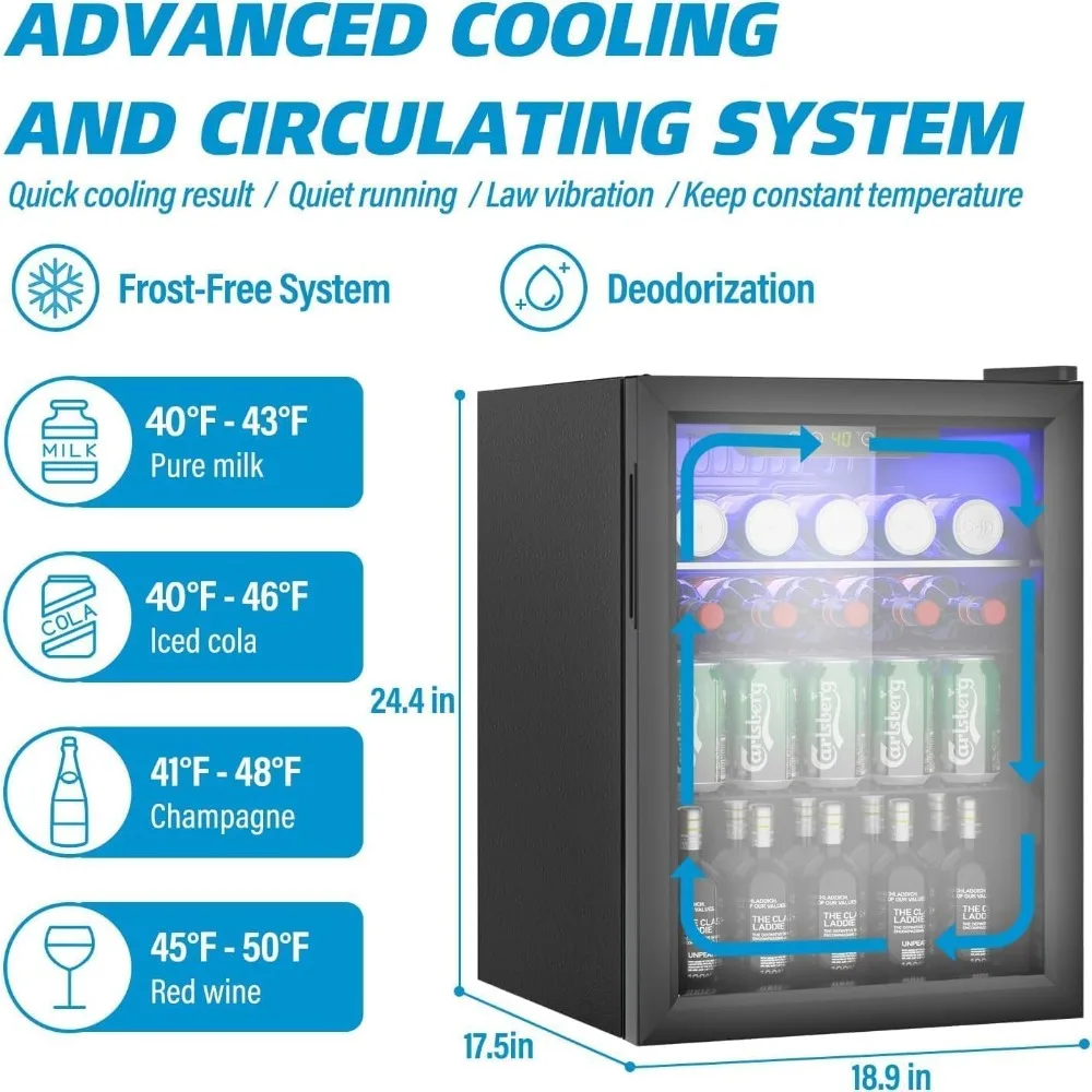 Compact Beverage Refrigerator, 95 Can/2.6 Cubic Feet Fridge with Glass Front Door for Soda, Beer or Wine, Under Counter Small Re