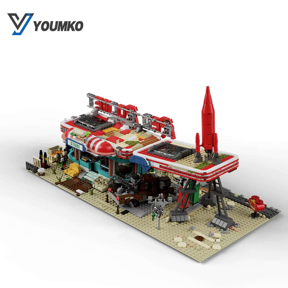 2221PCS MOC Rode Raket Tankstation Bouwstenen Fallouted Game Store Architectuur Model Montage Speelgoed voor Volwassenen Kids Gift