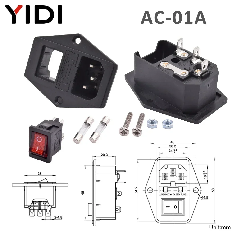 5/10 مجموعات IEC320 C13 التيار المتناوب مدخل قابس طاقة المقبس الكهربائية النحاس سلك كابل موصل 10A 250 فولت الأحمر مصباح الروك التبديل مع الصمامات