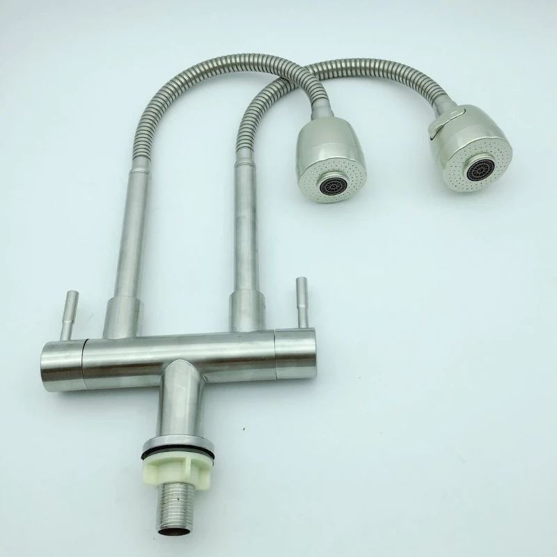 Stainless steel double open universal tube vertical vegetable basin faucet double outlet kitchen single cold faucet sink faucet