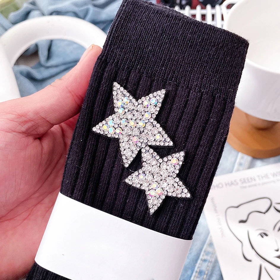 Fashion Star Rhinestone Glitter Socks Women Shiny Diamond Sparkly Socks Winter Cotton Stockings Female Harajuku Christmas Socks