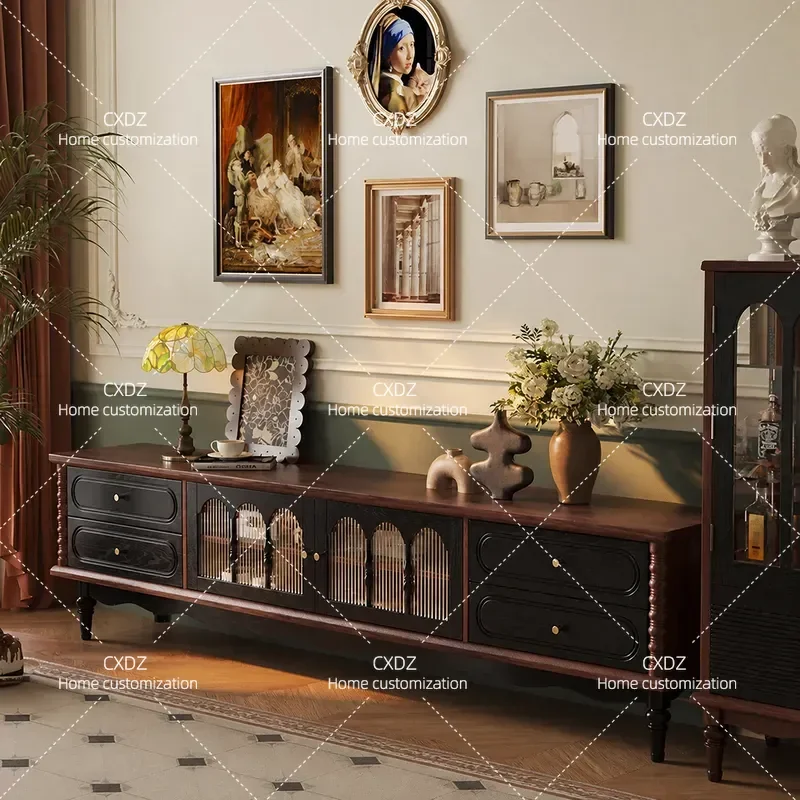 French Solid Wood TV Cabinet Side Cabinet Combination Floor to Ceiling Living Room Black Coffee Table Retro Light Luxury High