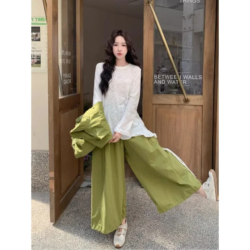 

Three-piece Set Large-sized Women Fashionable Green Workwear Vest Base Layer Shirt Spring Autumn Casual Slimming Wide-leg Pants