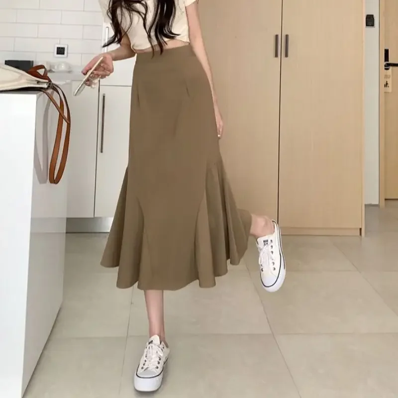 

Mermaid Skirts Women High Waist Sweet Midi Vintage Loose Temperament Solid All-match Korean Style New Fashion Mature Literary