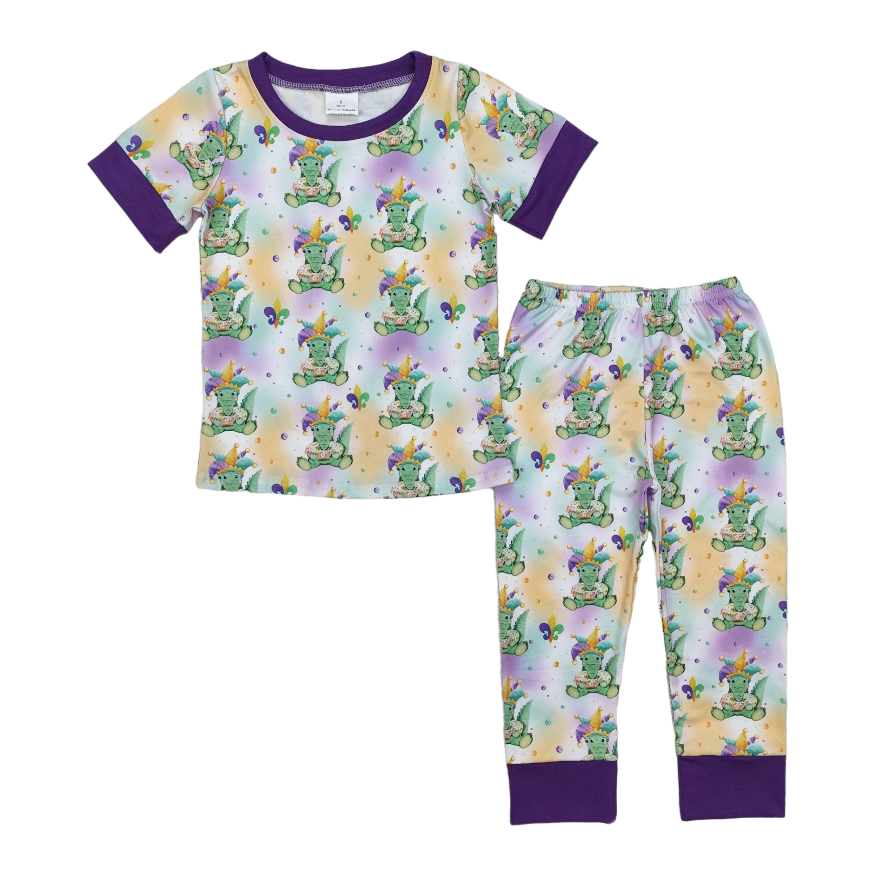 

Wholesale Infant Purple Ruffle Pajamas Children Short Sleeves Shirt Pants Kids Toddler Nightwear Outfit Baby Boy Mardi Gras Set