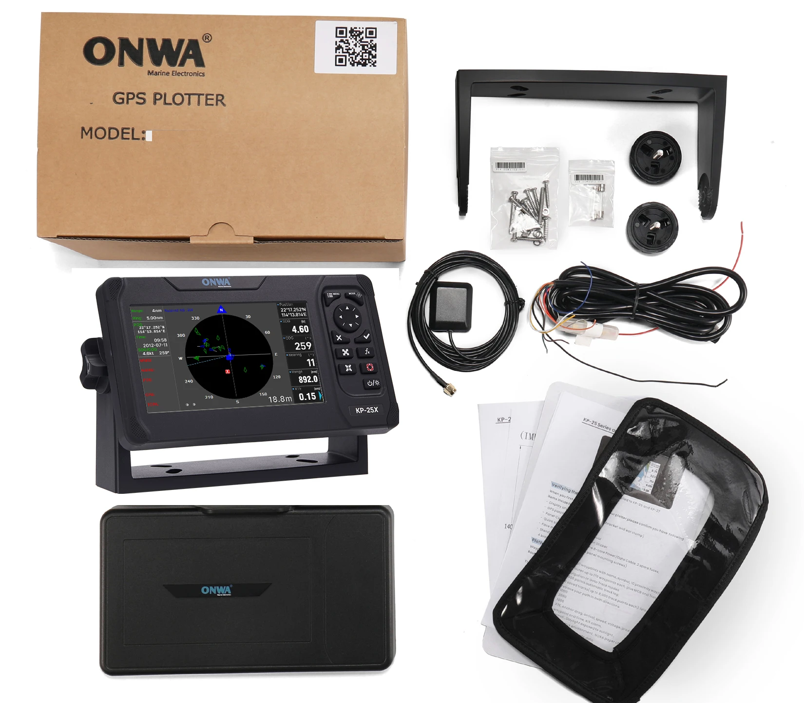 ONWA KP-25X 5-inch Marine GPS Chart Plotter+Echo Sounder 4-IN-1 with AIS Built-in Fish Finder Supports radar antenna connection